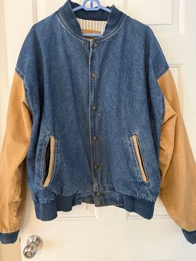 Denim & Tan Bomber Jacket - Men's Varsity Style